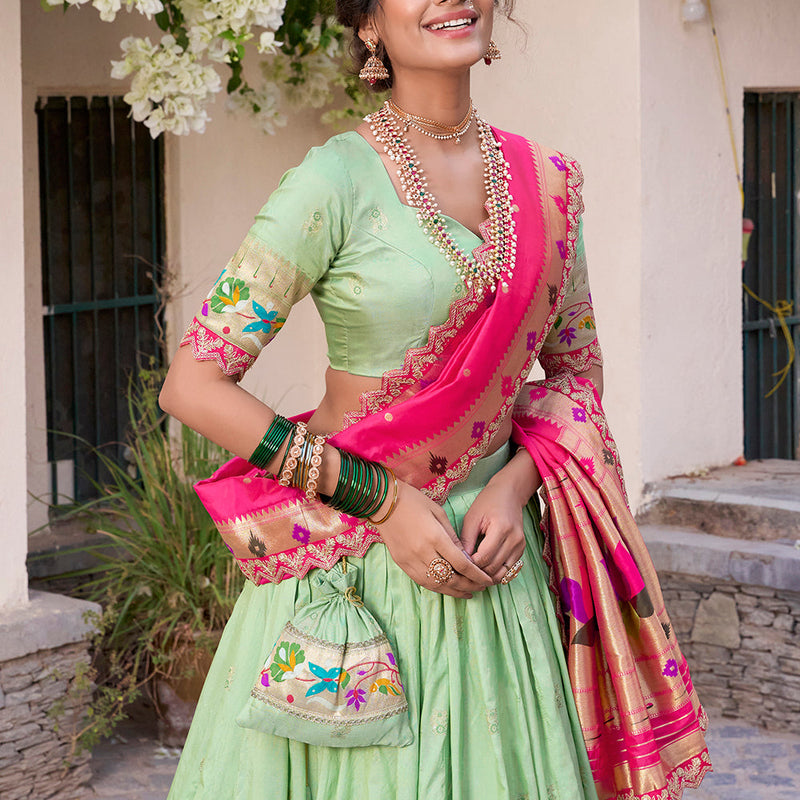 Pista Color Zari Weaving Work Jacquard Silk (Paithani) Lehenga Choli