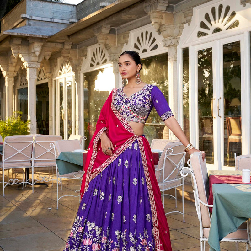 Purple Color Sequins And Thread Embroidery Work Vichitra Silk Lehenga Choli