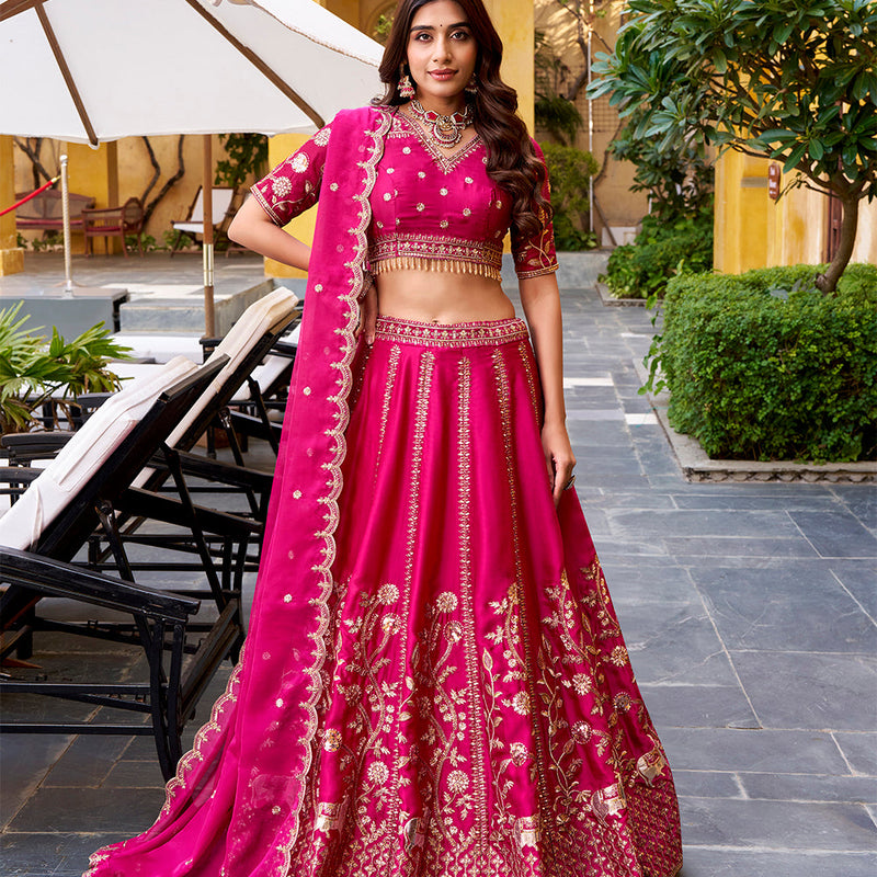 Rani Pink color Sequince And Thread Embroidery Work Natural Silk Lehenga Choli