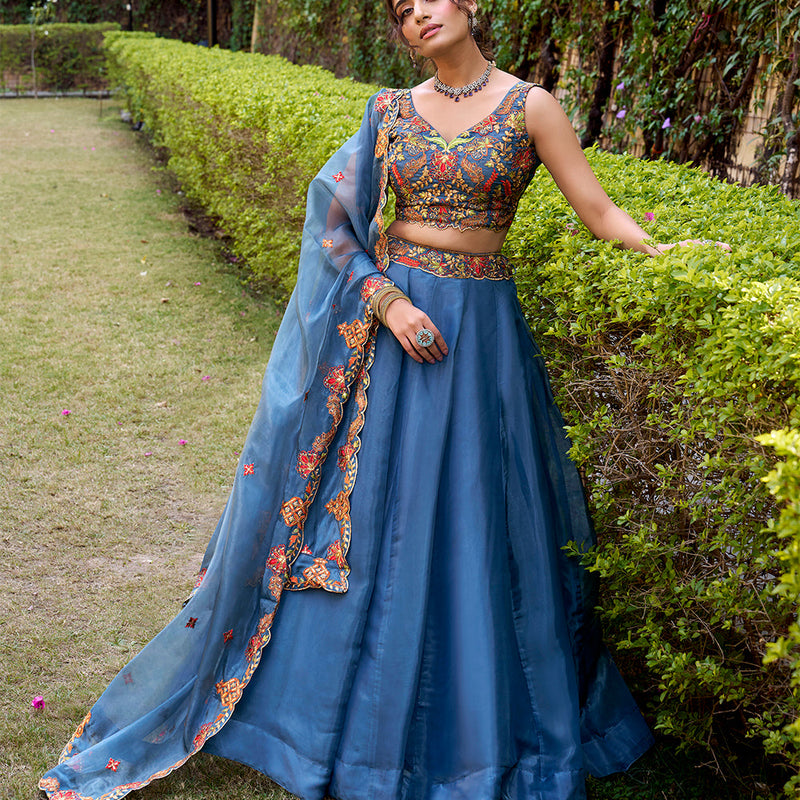 Teal Color Embroidery Work Chaniya Choli