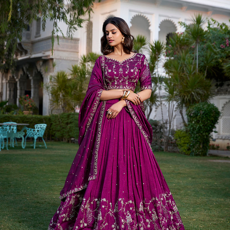 Wine Color Sequins And Thread Embroidery Work Vichitra Silk Lehenga Choli