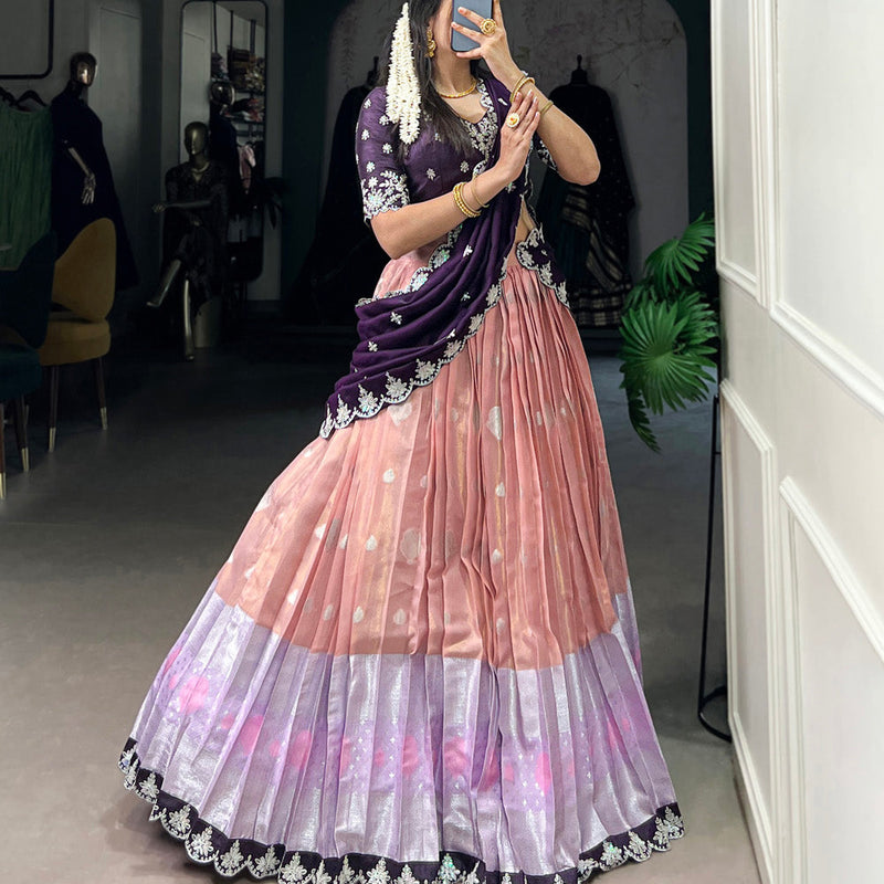 Peach Color Zari Weaving Work Sequins And Embroidery Border With Zari Kota Women Wear