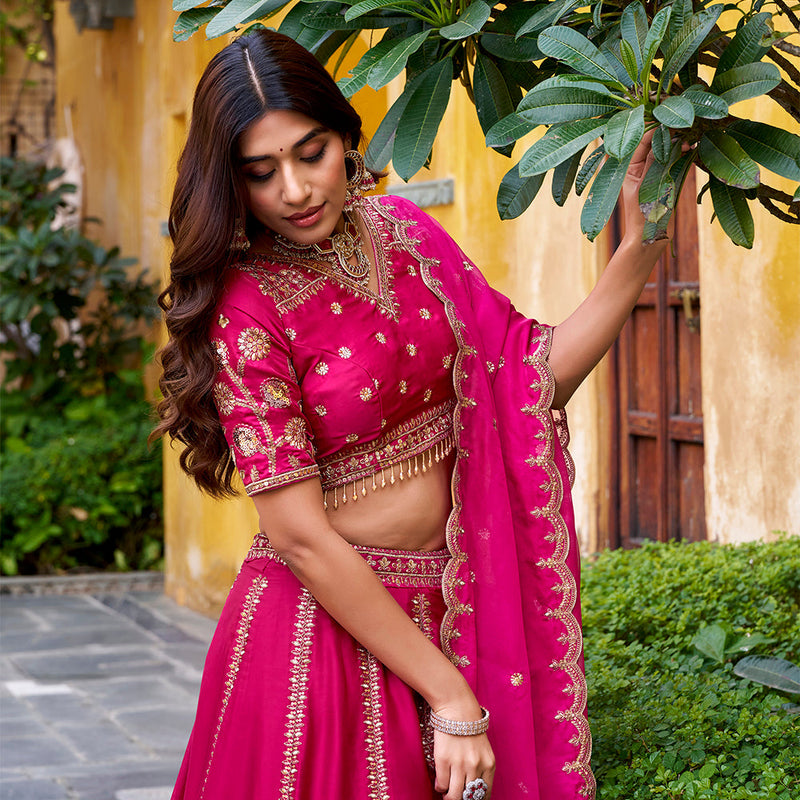 Rani Pink color Sequince And Thread Embroidery Work Natural Silk Lehenga Choli