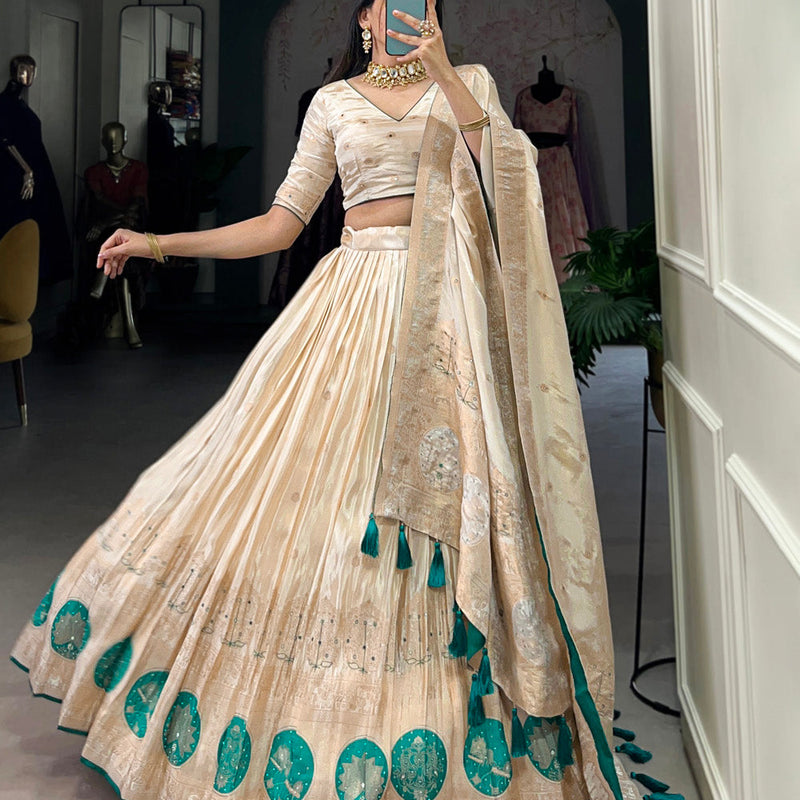 Bottle Green Color Mirror And Bids (Moti) Handwork Shimmer With Weaving Work Lehenga Choli