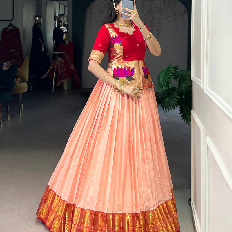 Peach Color Zari Weaving Work Cotton Silk Co-Ord Set