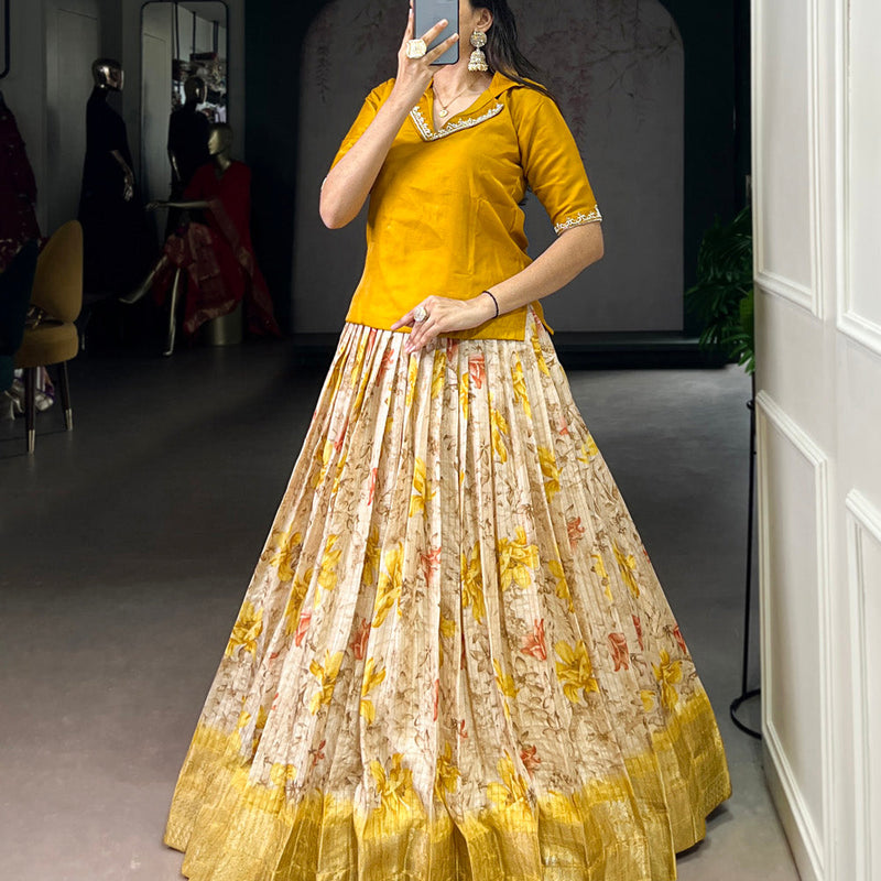 Yellow Color Floral Print With Zari Weaving Work Dola Chex Co-Ord Set
