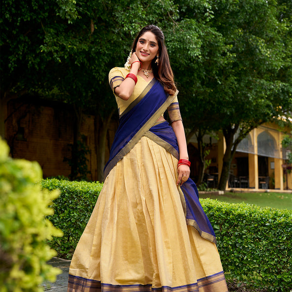 Navy Blue Color Zari Weaving Work Kanchipuram Lehenga Choli