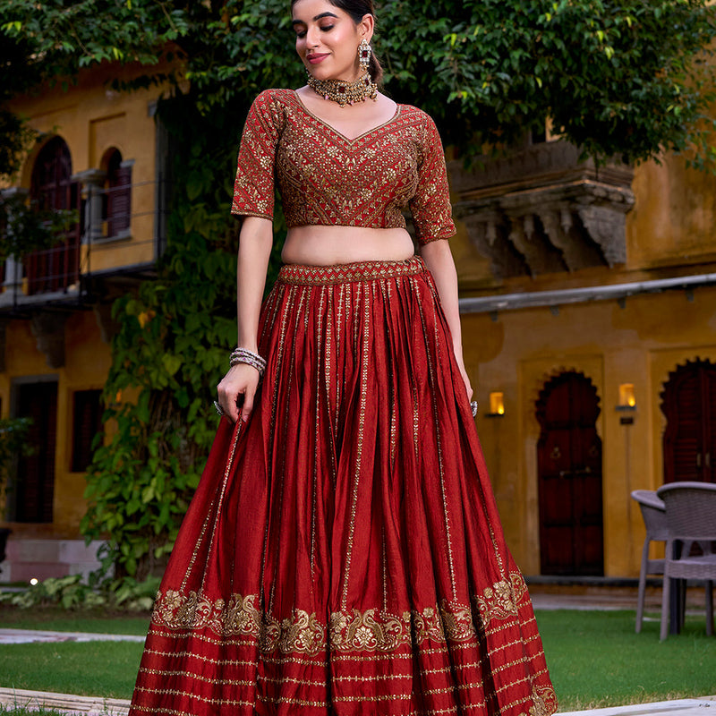 Rust Orange Color Sequins And Thread Embroidery Work Rangoli Crush Lehenga Choli