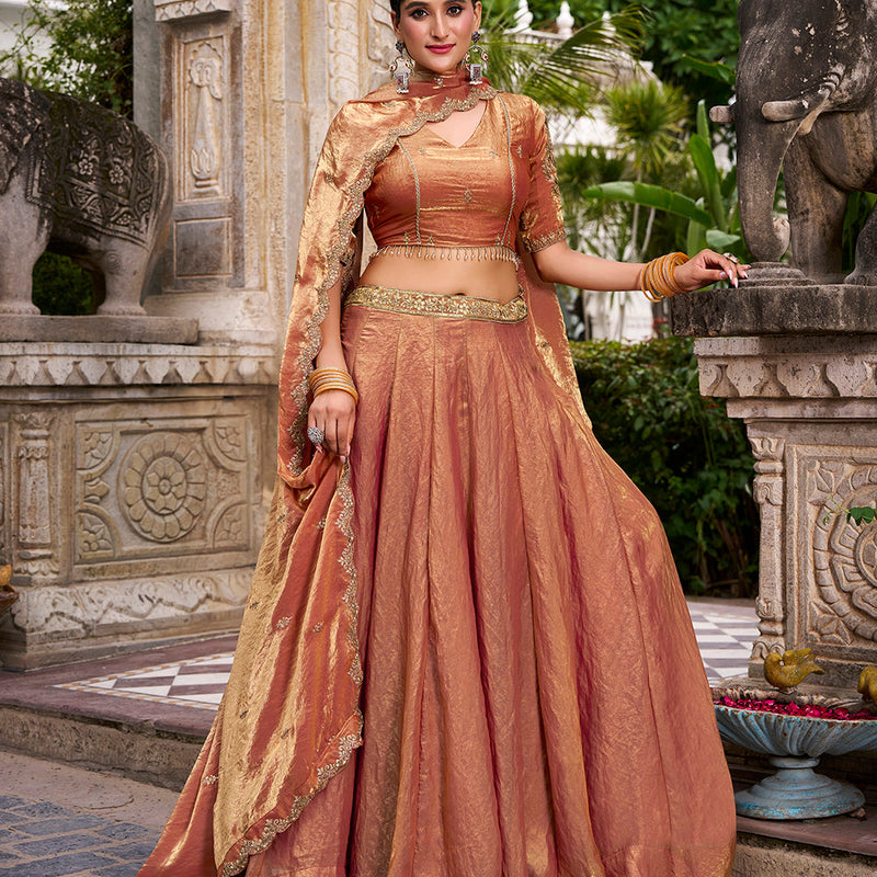 Rust Orange Color Sequins And Thread Embroidery Work Belt Fendi Lehenga Choli