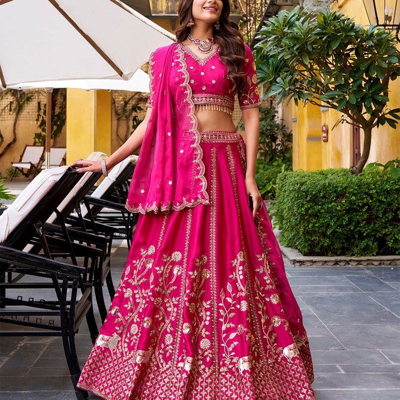 Rani Pink color Sequince And Thread Embroidery Work Natural Silk Lehenga Choli