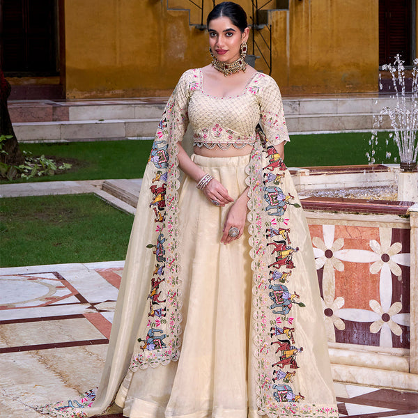 Cream Color Sequince And Thread Embroidery Work Raspberry Lehenga Choli