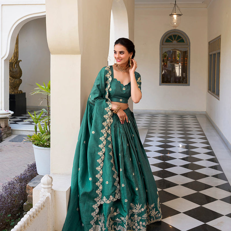 Teal Color Sequins and Thread Embroidery Work Gold Crush Lehenga Choli