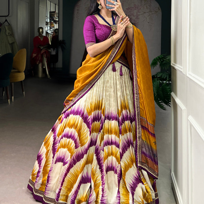 Wine Color Tie And Dye Printed Tasar Silk Lehenga Choli