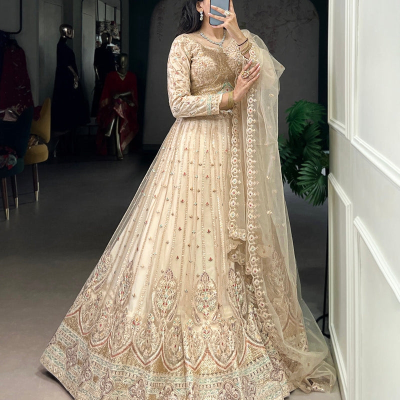 Cream Color Sequins And Thread Embroidery Work Net Lehenga Choli