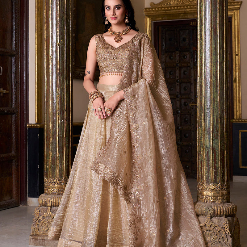 Chiku Color Sequins And Embroidery Work With Gold Crush Lehenga Choli