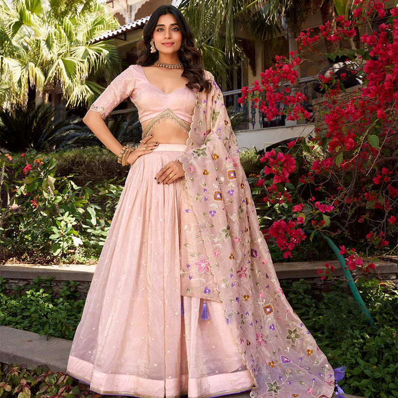 Light Pink Color Sequins And Thread Embroidery Gold Crush Lehenga Choli