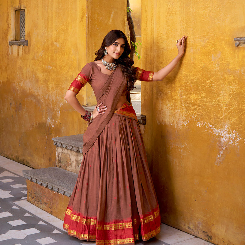 Brown Color Zari Weaving Work Chanderi Lehenga Choli