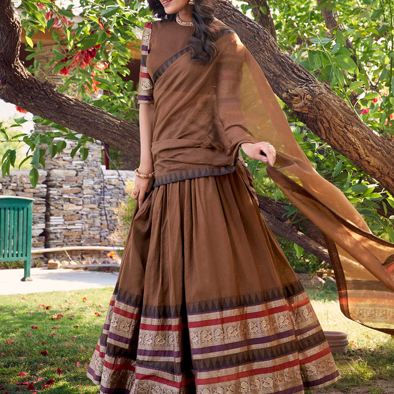 Brown Color Plain With Zari Weaving Work Chanderi Silk Lehenga Choli