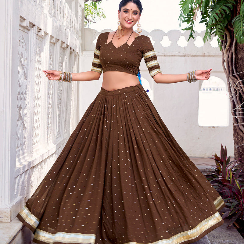Brown Color Zari Weaving Work With Embossed Design Chanderi Lehenga Choli