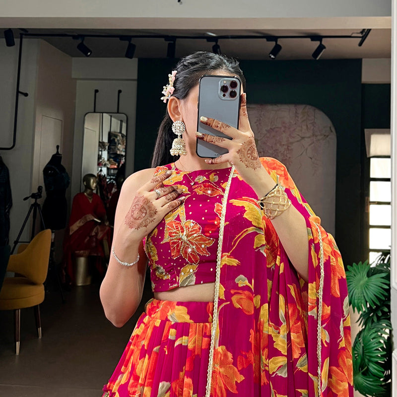 Pink Color Floral Printed Marbel Chaniya Choli