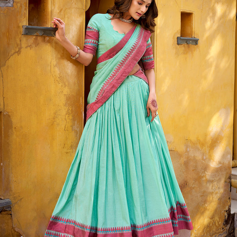 Sky Blue Color Thread Work With Chanderi Lehenga