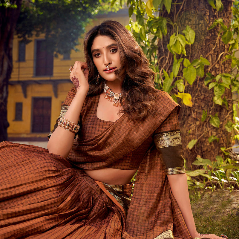 Rust Orange Color Chex With Zari weaving Work Chettinad Cotton Lehenga Choli