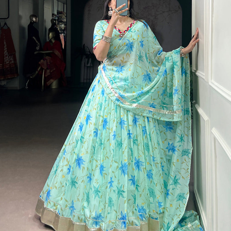 Pista Color Floral Print With Embossed Design Tabby Silk Chaniya Choli