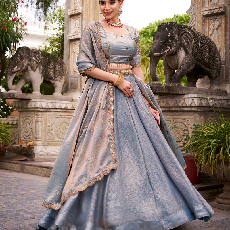 Sky Blue Color Sequins And Thread Embroidery Work Belt Fendi Lehenga Choli