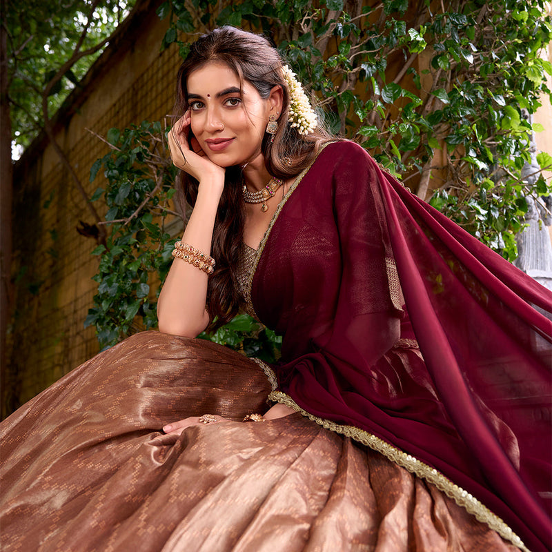 Peach Color Zari Weaving Work Dupion Silk Lehenga Choli