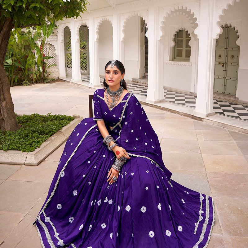 Purple Color Bandhej Print With Lace Touch Up Chanderi Chaniya Choli