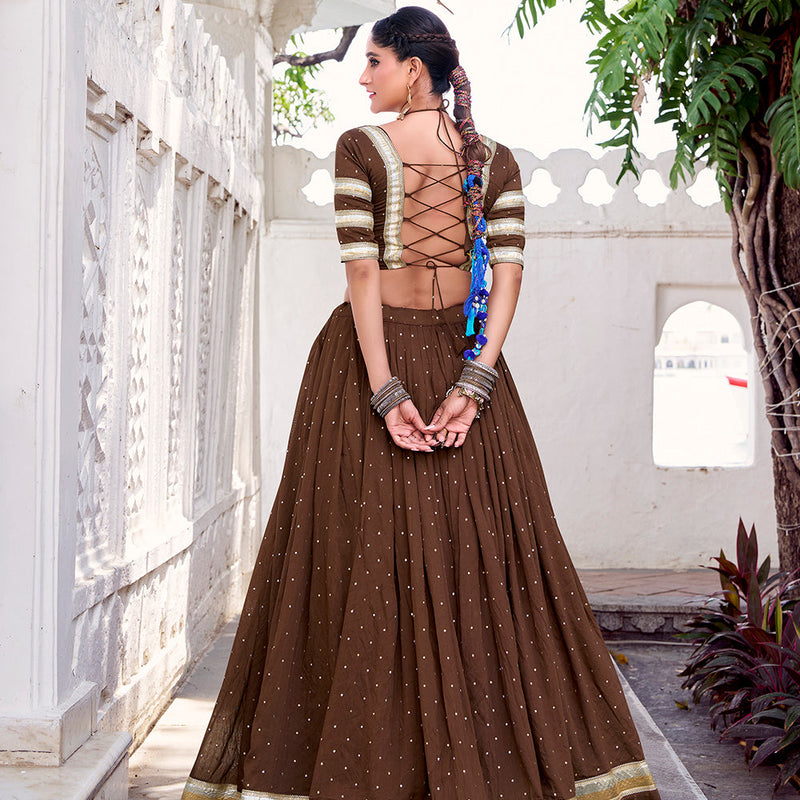 Brown Color Zari Weaving Work With Embossed Design Chanderi Lehenga Choli