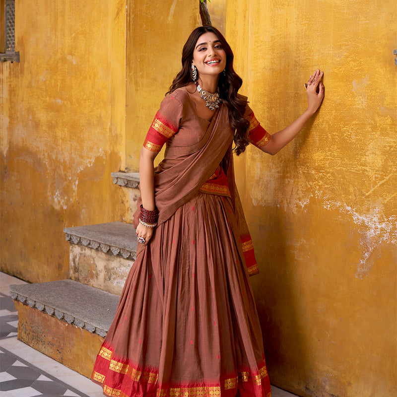 Brown Color Zari Weaving Work Chanderi Lehenga Choli