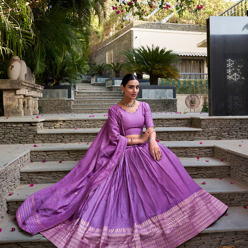 Purple Color Plain With Zari Weaving Work Border Chanderi Traditional Wear Lehenga Choli