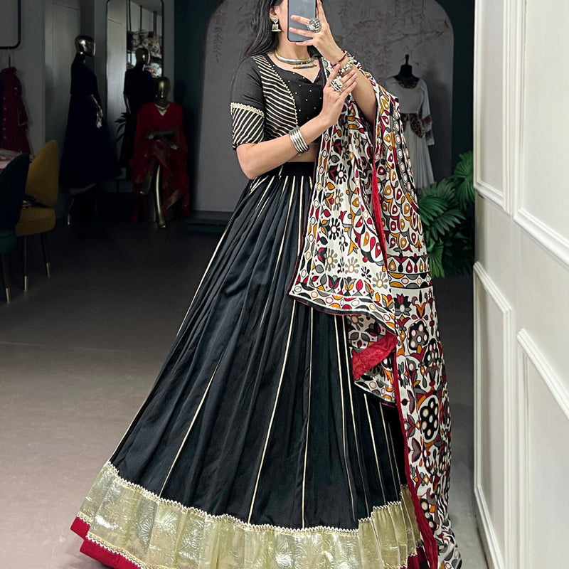 Black Color Zari Weaving Work With Embossed Design Chanderi Lehenga Choli