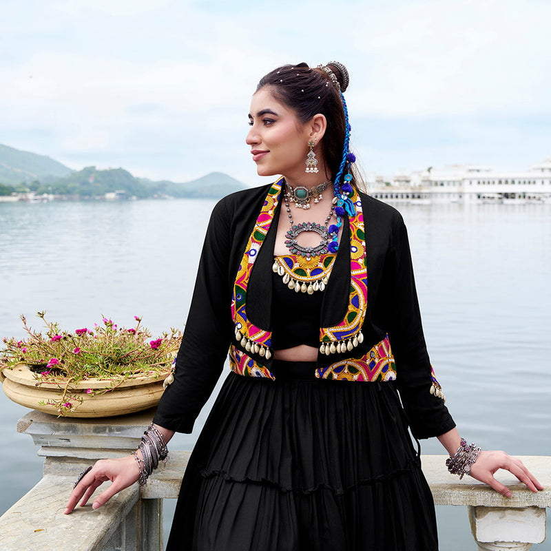 Black Color Gamthi Work With Cowrie Touch Up Rayon Co-Ord Set
