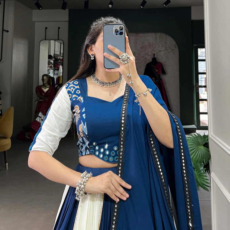 Blue Color Plain And Printed With Paper Mirror Work Rayon Lehenga Choli
