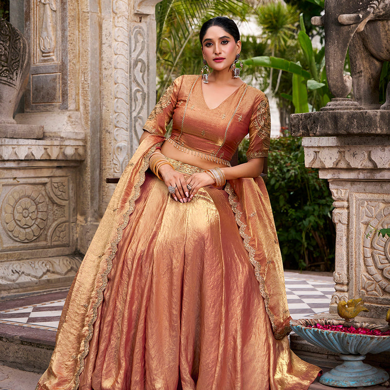 Rust Orange Color Sequins And Thread Embroidery Work Belt Fendi Lehenga Choli