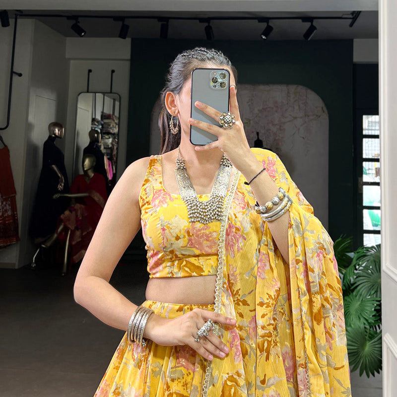 Yellow Color Floral And Foil Print With Embossed Design Chiffon Ghaghra choli