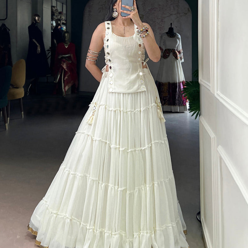 White Color Embossed Design Lace Border Marbel Chaniya Choli