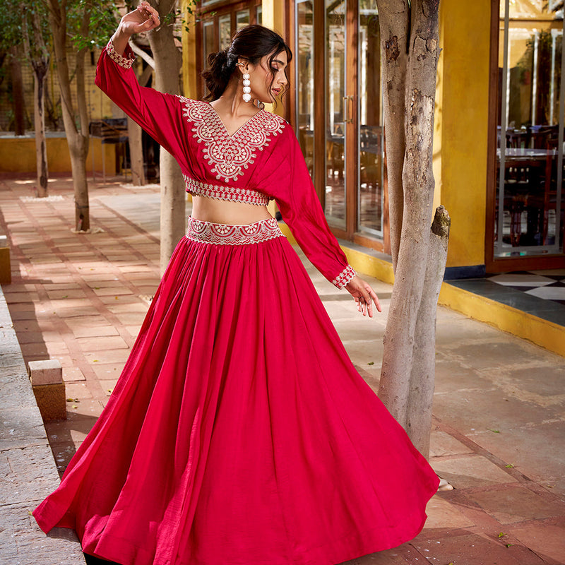 Pink Color Thread Embroidery Vichitra Silk Co-ord Set