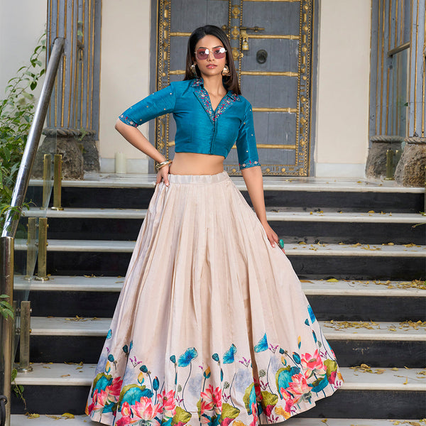 Off White Color Floral Printed Tasar Silk Co-ord Set Lehenga Choli