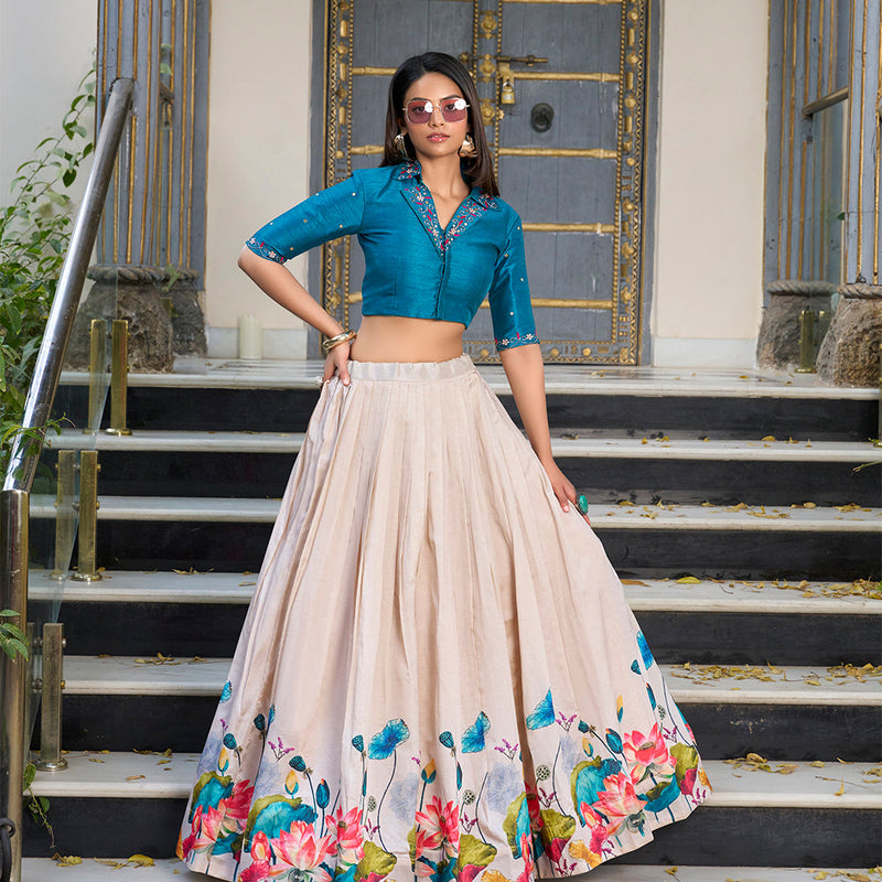 Off White Color Floral Printed Tasar Silk Co-ord Set Lehenga Choli