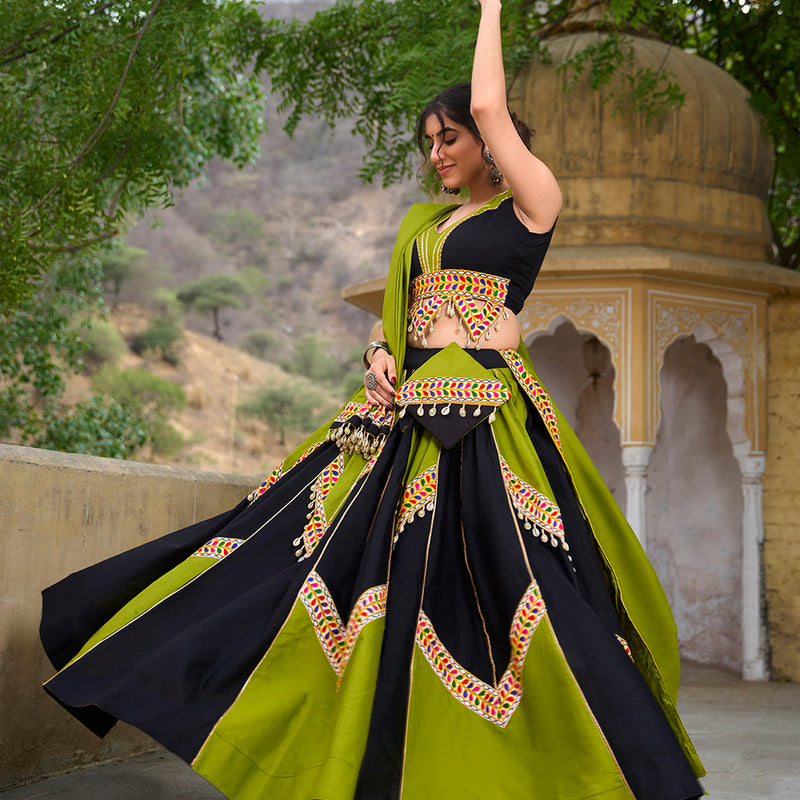 Parrot Color Plain With Gamthi Work Cotton Traditional Chaniya Choli