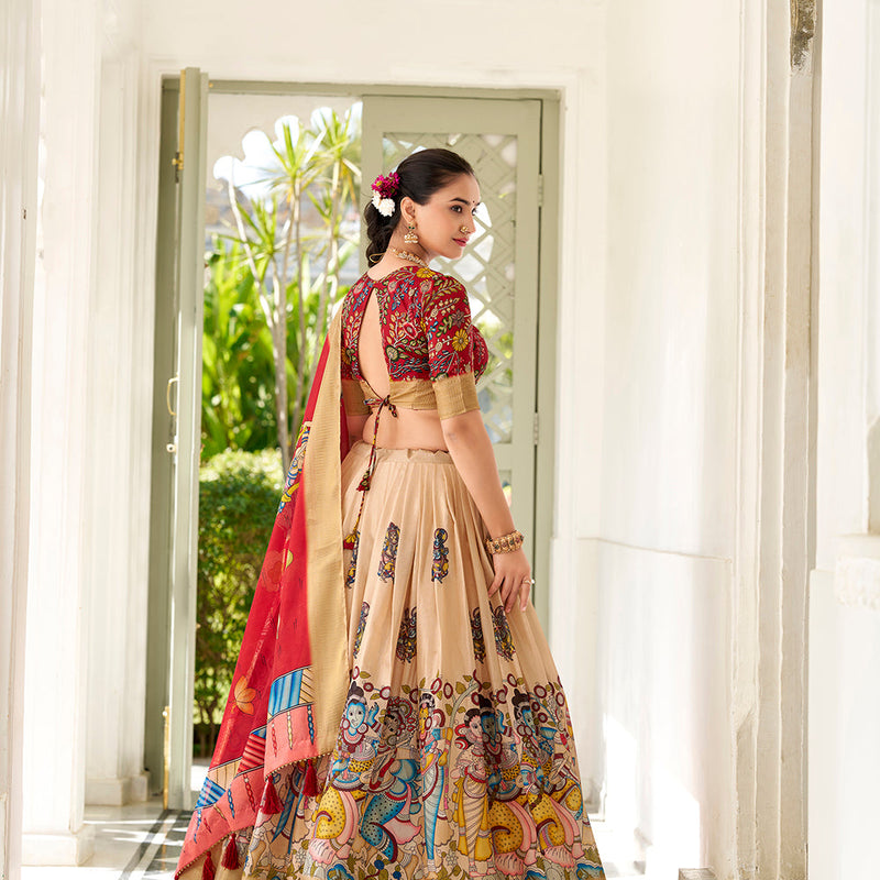 Cream Color Kalamkari Print With Weaving Border Dola Silk Lehenga Choli