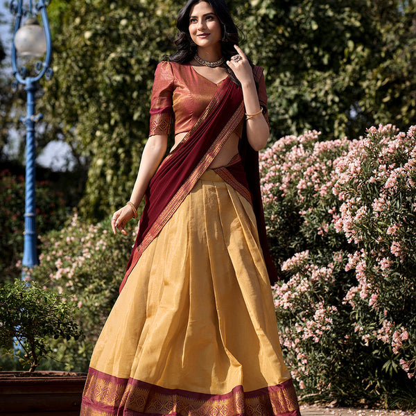 Cream Color Zari Weaving Work Kanchipuram Lehenga  Choli