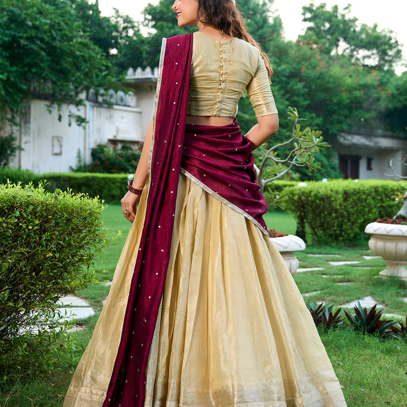 Cream Color Zari Weaving Work Kanchipuram South Indian Lehenga Choli