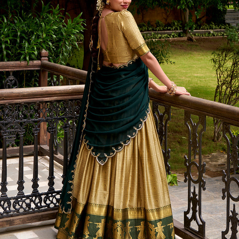 Cream Color Zari Weaving Work Poly Cotton Lehenga Choli