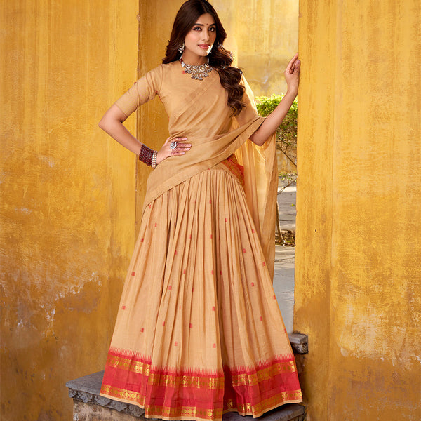 Cream Color Zari Weaving Work Chanderi Lehenga Choli