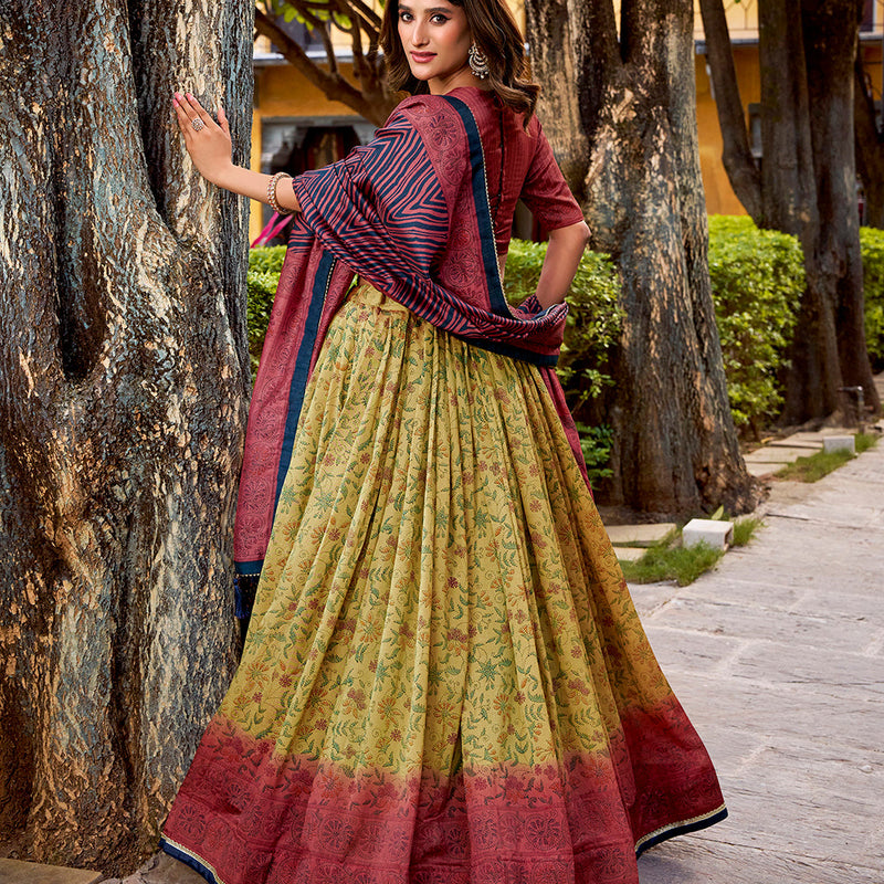 Crimson Color Printed With Vichitra Silk Choli