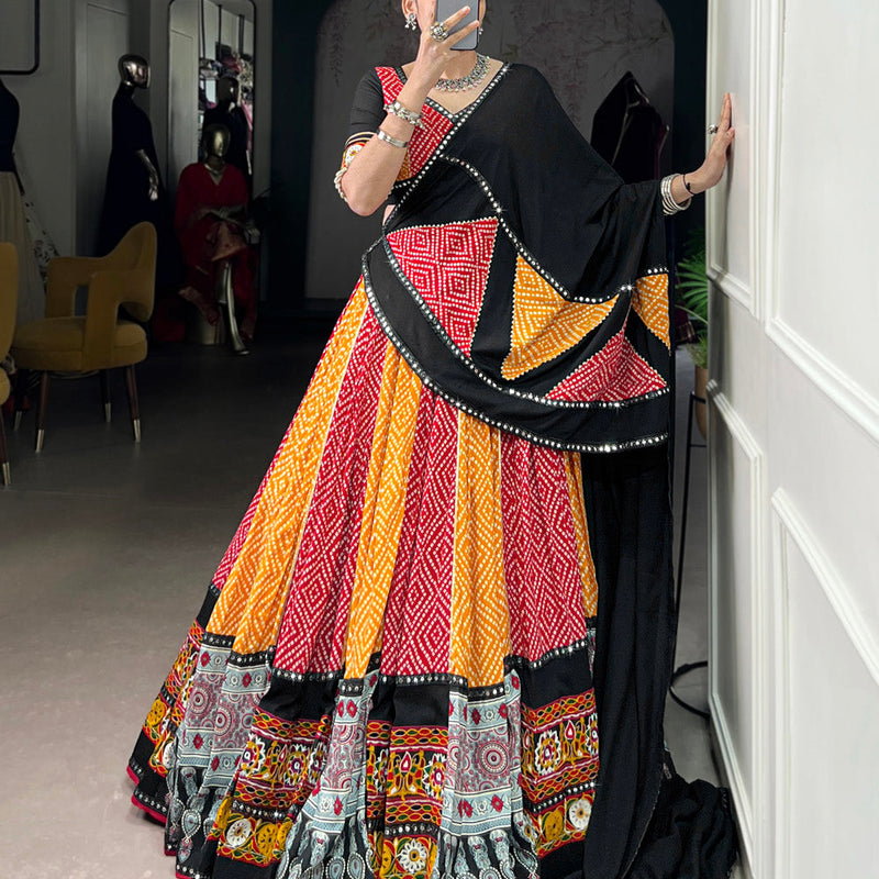 Yellow Color Bandhej And Ajarakh Printed Rayon Chaniya Choli